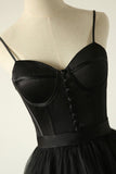 Black A-Line Spaghetti Strap Long Prom Dresses, Black Evening Dresses HZ0429