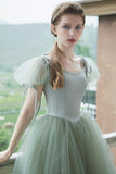Cute Tulle Long Prom Dresses, A-Line Short Sleeve Graduation Dresses HZ0429