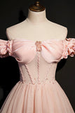 Pink Tulle Off the Shoulder Prom Dress, Beautiful A-Line Evening Dress HZ0429