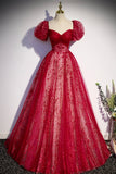Burgndy Tulle Short Sleeve Formal Evening Dress, A-Line Long Prom Dress HZ0429