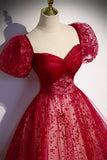 Burgndy Tulle Short Sleeve Formal Evening Dress, A-Line Long Prom Dress HZ0429