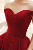 Burgundy Tulle Long Prom Dress, A-Line Off the Shoulder Evening Dress HZ0429