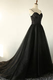 Black A-Line Spaghetti Strap Long Prom Dresses, Black Evening Dresses HZ0429