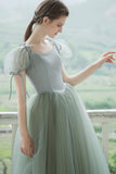 Cute Tulle Long Prom Dresses, A-Line Short Sleeve Graduation Dresses HZ0429