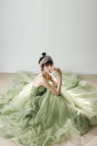Green Tulle Long A-Line Evening Dress, Green Spaghetti Straps Prom Dress HZ0429