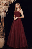 Burgundy Long Spaghetti Strap Tulle Prom Dress, A-Line Evening Dress HZ0429