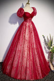 Burgndy Tulle Short Sleeve Formal Evening Dress, A-Line Long Prom Dress HZ0429