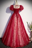 Burgndy Tulle Short Sleeve Formal Evening Dress, A-Line Long Prom Dress HZ0429