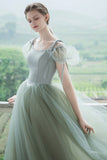 Cute Tulle Long Prom Dresses, A-Line Short Sleeve Graduation Dresses HZ0429