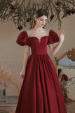 Burgundy Satin Long Prom Dress, Lovely A-Line Short Sleeve Graduation Dress HZ0429