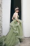 Green Tulle Long A-Line Evening Dress, Green Spaghetti Straps Prom Dress HZ0429