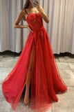Red Spaghetti Lace Long Prom Dress, A-Line Evening Dress with Slit HZ0429