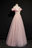 Pink Tulle Off the Shoulder Prom Dress, Beautiful A-Line Evening Dress HZ0429