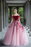 A-Line Velvet Tulle Long Prom Dress, Lovely Lace Off the Shoulder Evening Dress HZ0429
