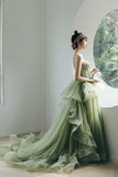 Green Tulle Long A-Line Evening Dress, Green Spaghetti Straps Prom Dress HZ0429