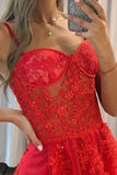 Red Spaghetti Lace Long Prom Dress, A-Line Evening Dress with Slit HZ0429