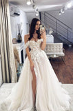Off the Shoulder Tulle Lace Long Prom Dress, A-Line Evening Dress with Slit HZ0429