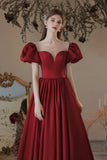 Burgundy Satin Long Prom Dress, Lovely A-Line Short Sleeve Graduation Dress HZ0429