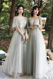 Gray Tulle Lace Long A-Line Prom Dresses, Gray Tulle Bridesmaid Dresses HZ0429