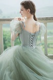 Cute Tulle Long Prom Dresses, A-Line Short Sleeve Graduation Dresses HZ0429