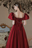 Burgundy Satin Long Prom Dress, Lovely A-Line Short Sleeve Graduation Dress HZ0429