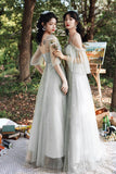Gray Tulle Lace Long A-Line Prom Dresses, Gray Tulle Bridesmaid Dresses HZ0429