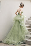 Green Tulle Long A-Line Evening Dress, Green Spaghetti Straps Prom Dress HZ0429