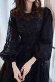 Black Tulle Long Sleeve Prom Dress, Black A-Line Evening Dress HZ0429