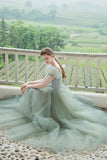 Cute Tulle Long Prom Dresses, A-Line Short Sleeve Graduation Dresses HZ0429
