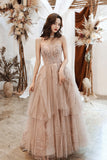 Lovely Strapless Tulle Sequined Long Prom Dresses, A-Line Evening Party Dresses HZ0429
