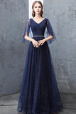 Blue V-Neck Tulle Long Prom Dresses, A-Line Evening Dresses HZ0429