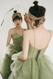 Green Tulle Long A-Line Evening Dress, Green Spaghetti Straps Prom Dress HZ0429