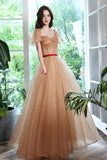 Lovely Tulle Polka Dot Long Prom Dress, A-Line Short Sleeve Evening Dress HZ0429