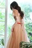 Lovely Tulle Polka Dot Long Prom Dress, A-Line Short Sleeve Evening Dress HZ0429