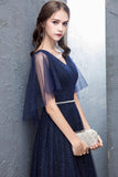 Blue V-Neck Tulle Long Prom Dresses, A-Line Evening Dresses HZ0429