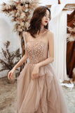 Lovely Strapless Tulle Sequined Long Prom Dresses, A-Line Evening Party Dresses HZ0429