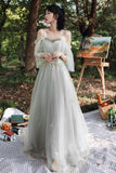Gray Tulle Lace Long A-Line Prom Dresses, Gray Tulle Bridesmaid Dresses HZ0429