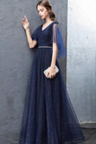 Blue V-Neck Tulle Long Prom Dresses, A-Line Evening Dresses HZ0429