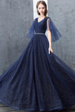 Blue V-Neck Tulle Long Prom Dresses, A-Line Evening Dresses HZ0429