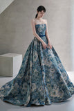 Blue Floral Long A-Line Prom Dress, Blue Evening Party Dress HZ0429