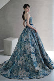 Blue Floral Long A-Line Prom Dress, Blue Evening Party Dress HZ0429