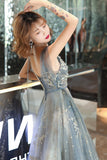Gray Tulle Sequins Long Prom Dresses, A-Line Evening Party Dresses HZ0429