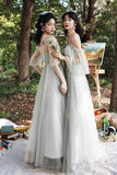 Grey Lace Long Prom Dresses, A-Line Evening Dresses HZ0429