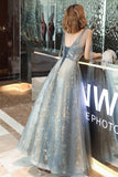 Gray Tulle Sequins Long Prom Dresses, A-Line Evening Party Dresses HZ0429