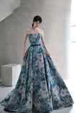 Blue Floral Long A-Line Prom Dress, Blue Evening Party Dress HZ0429