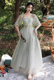 Grey Lace Long Prom Dresses, A-Line Evening Dresses HZ0429