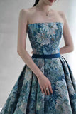 Blue Floral Long A-Line Prom Dress, Blue Evening Party Dress HZ0429