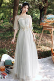 Grey Lace Long Prom Dresses, A-Line Evening Dresses HZ0429