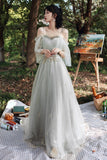 Grey Lace Long Prom Dresses, A-Line Evening Dresses HZ0429