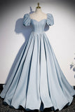 Blue Satin Pearl Long Prom Dress, Blue A-Line Short Sleeve Evening Dress HZ0429